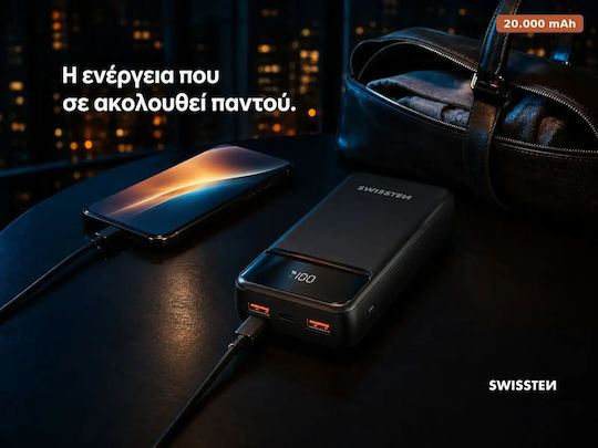 Swissten POWER LINE II Power Bank 20000mAh 22.5W με 2 Θύρες USB-A και Θύρα USB-C Μαύρο