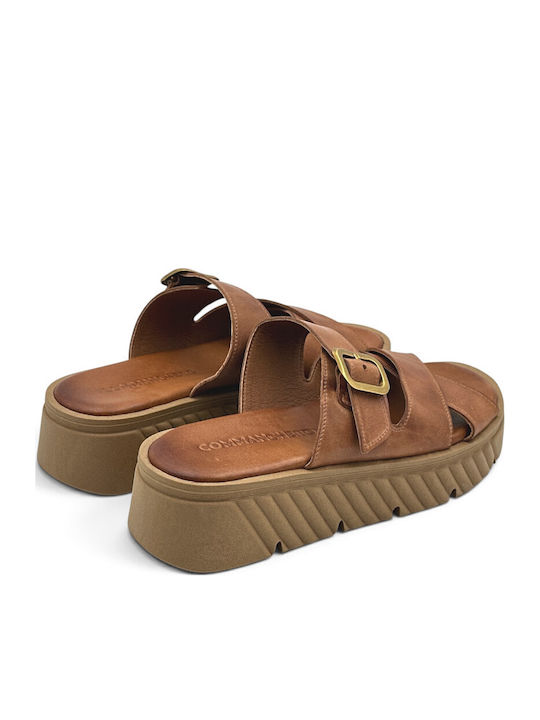 Leather Women's Flat Sandals Flatforms Tabac Brown