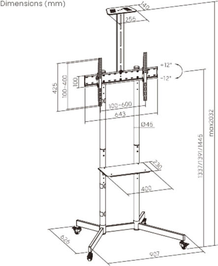 Brateck Βάση Τηλεόρασης Δαπέδου έως 70" και 45kg Μαύρο