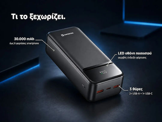 Swissten Power Line II 30000mAh 22.5W με Θύρα USB-A και 2 Θύρες USB-C Power Delivery Μαύρο
