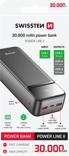 Swissten Power Line II 30000mAh 22.5W με Θύρα USB-A και 2 Θύρες USB-C Power Delivery Μαύρο
