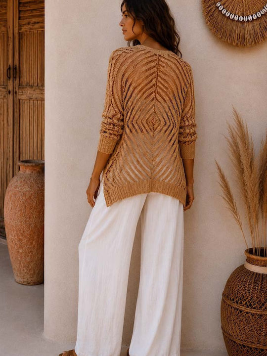 Lange Damen Gestrickte Strickjacke Tabak