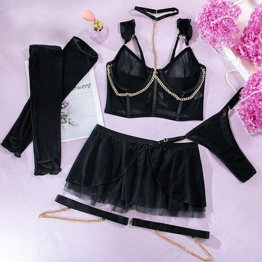 Roza Rz801 Sexy Babydoll Lingerie Set 5 Τεμαχίων Corset Chain Choker Φούστα & Gloves Μαύρο