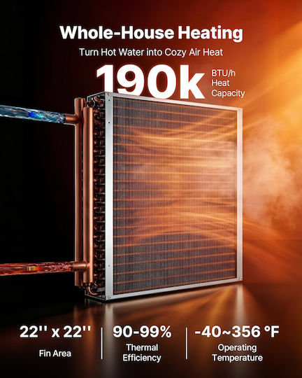 Water to Air Heat Exchanger Vevor Heat Exchanger Coil Hvac Fins 559 x 559 mm Copper Tubes Aluminum Fins Output 190k Btu Outdoor Wood Stove Hydronic Heating Cooling Systems