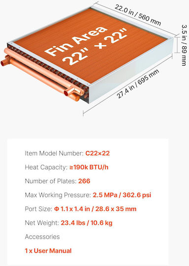 Water to Air Heat Exchanger Vevor Heat Exchanger Coil Hvac Fins 559 x 559 mm Copper Tubes Aluminum Fins Output 190k Btu Outdoor Wood Stove Hydronic Heating Cooling Systems