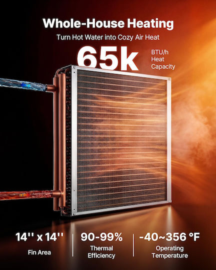 Vevor Water to Air Heat Exchanger 356 x 356 mm Copper Tubes Aluminum Fins 65,000 Btu Hydronic Systems Outdoor Wood Furnace Cpgshrq14incunhcl001v0