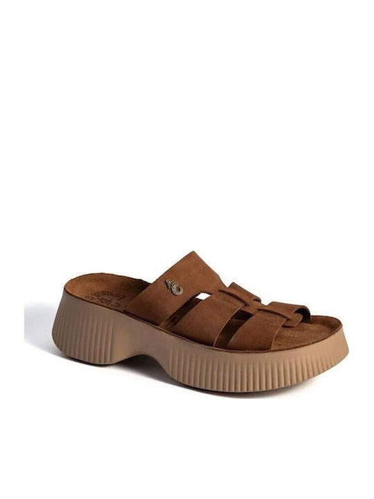 Leather Women's Flat Sandals Tabac Brown