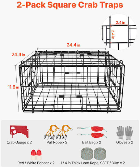 Vevor Crab Trap 2 Pcs 62 X 62 X 30 Cm Heavy Duty Dungeness Black Wire Mesh PVC Measuring Tape Red White Buoy Rope 100 Ft Gloves Ybxjbxfx2j00w3s8t001v0