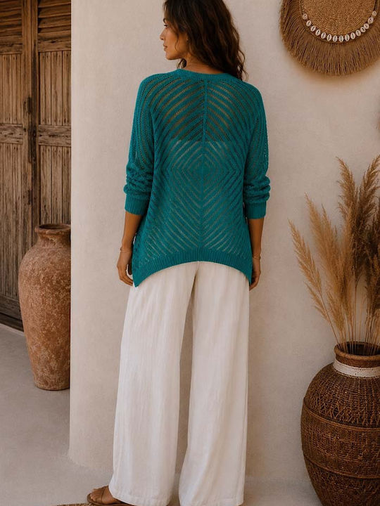 Lange Gestrickte Damen Strickjacke Emerald