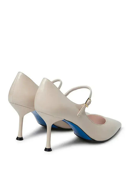 Leather Pointed Toe Heels with Strap & High Heel Beige
