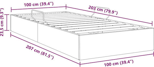 Pat Single Tapițat cu Material Gri cu Spațiu de Stocare Plăci și Saltea 100x203cm