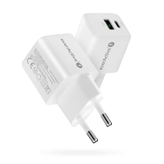 EverActive Зарядно без кабел GaN с USB-A порт и USB-C порт 20W Power Delivery / Quick Charge 3.0 Бял (SC-330Q)