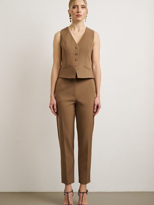 Women's High-waisted Fabric Trousers Slim Fit Brown