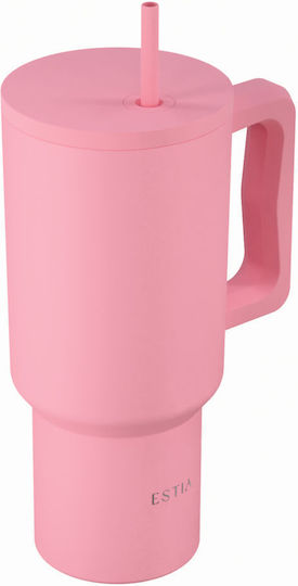 Estia Ανακυκλώσιμο Handled Tumbler Θερμός Ανοξείδωτο BPA Free 900ml Rose με Καλαμάκι και Λαβή