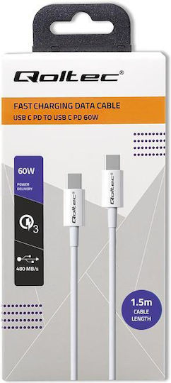 Qoltec USB 2.0 Cable USB-C male - USB-C 60W PD Λευκό 1.5m 52360