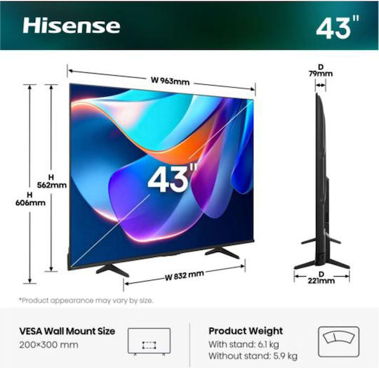 Hisense Smart TV 43" 4K UHD LED A6S HDR (2026) 43A6S