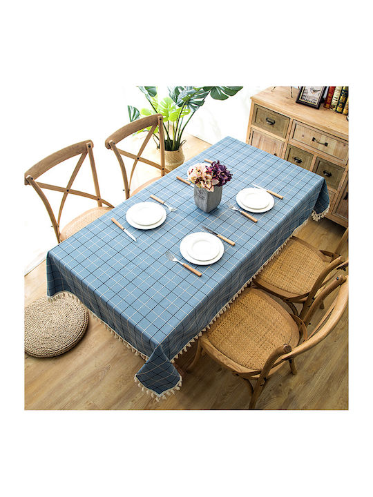 FRIPIA Checkered Tablecloth with Light Blue Embroidery 140x200cm