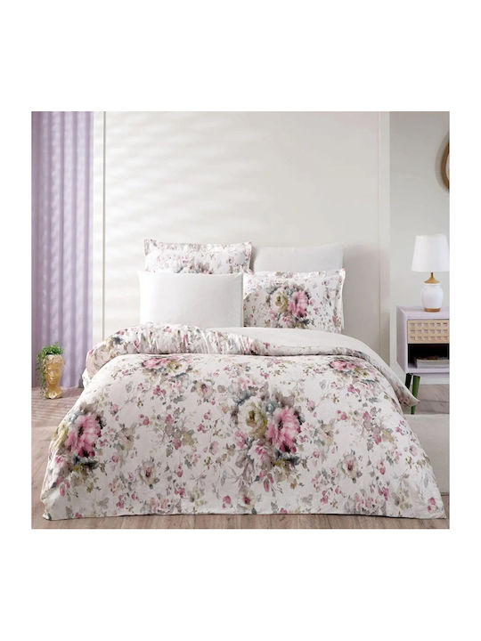 Tac Set Huse Pentru Pilote Bumbac Satinat 200x220cm Dublu Cu 4 Fețe De Pernă Și 1 Cearceaf Roz