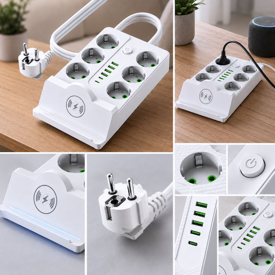 Bandă de Alimentare cu 6 Prize cu 4 USB-A 2 USB-C Comutator și Cablu de 2m