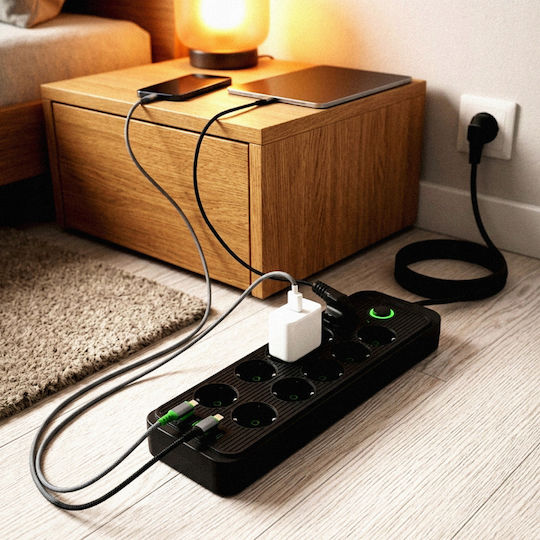 Захранваща Лента 4 Гнезда с 4 USB-A USB-C Превключвател и Кабел 2m