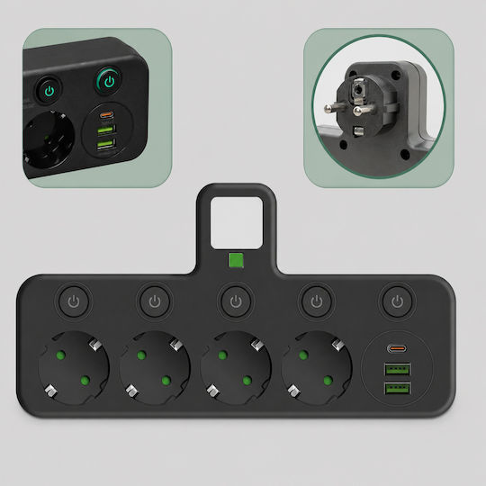 Захранваща Лента 4 Гнезда с 2 USB-A и USB-C