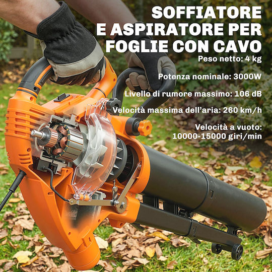 Outsunny Handheld Electric Leaf Blower Vacuum 3000W with Maximum Air Speed 260km/h