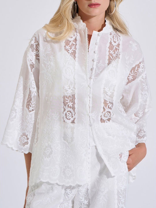 Long Sleeve Women's Shirt White Floral