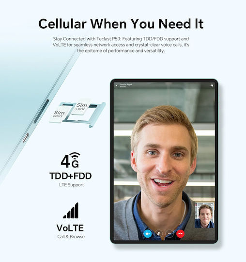 Teclast P50 2025 4G 11" Tablet (8GB/128GB/Πληκτρολόγιο/Στυλό Αφής/Θήκη) Μπλε