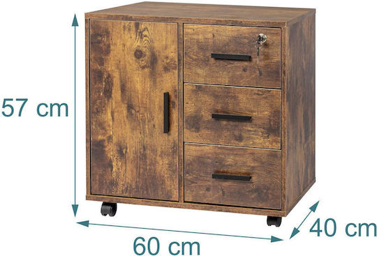 Office Storage Drawer Wooden with Wheels and Lock Brown 60x40x57cm