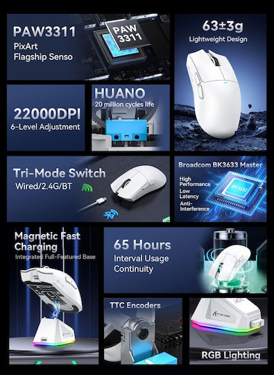 Attack Shark Ασύρματο RGB Gaming Ποντίκι 22000 DPI Λευκό