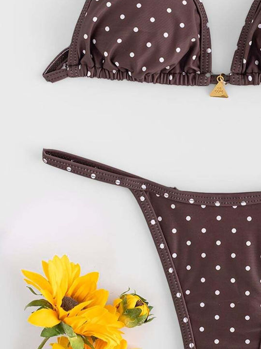 Bikini Set 3 Pieces Triangle & String Polka Dot Dark Brown