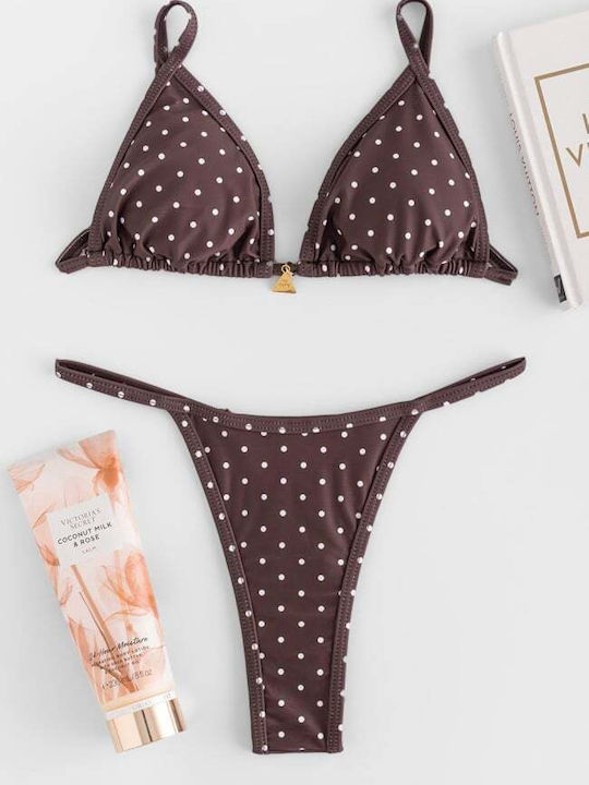 Bikini Set 3 Pieces Triangle & String Polka Dot Dark Brown