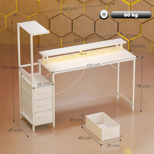 Γραφείο Gaming με Ρυθμιζόμενο Ύψος, LED & USB θύρες 147x47x110εκ. Λευκό