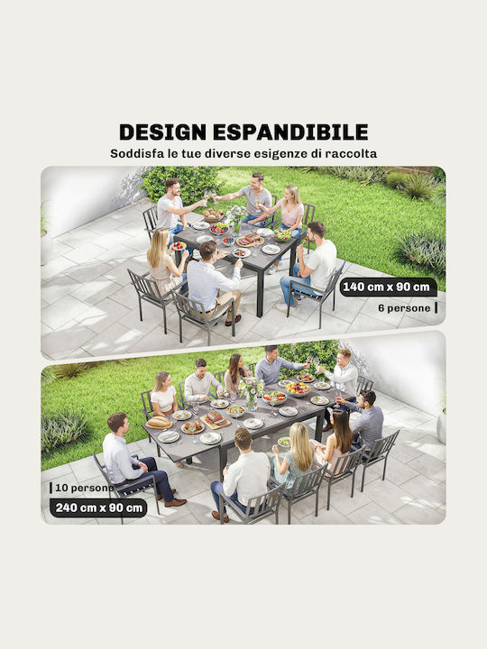 Aluminium Ausziehbarer Schwarzes Garten- und Terrassentisch 240x90cm