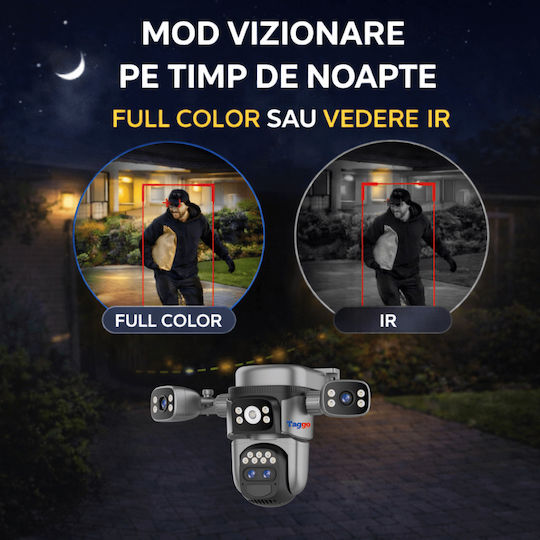 Taggo TAG621-SOLAR-4G-10X-12MP-GREY-1PANOU Cameră Supraveghere IP Quad 4G 12MP Impermeabilă cu Baterie cu Comunicare Bidirecțională și Obiectiv 4mm Gri