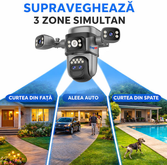 Taggo TAG621-SOLAR-4G-10X-12MP-GREY-1PANOU Cameră Supraveghere IP Quad 4G 12MP Impermeabilă cu Baterie cu Comunicare Bidirecțională și Obiectiv 4mm Gri