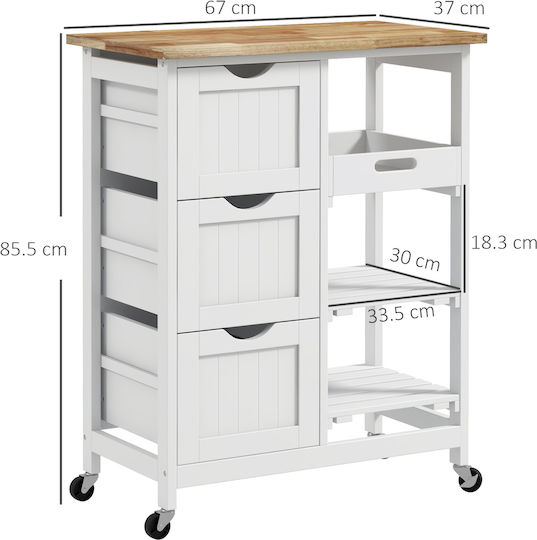HomCom Ραφιέρα Κουζίνας Ξύλινη 3 Θέσεων Λευκή 67x37x85.5cm
