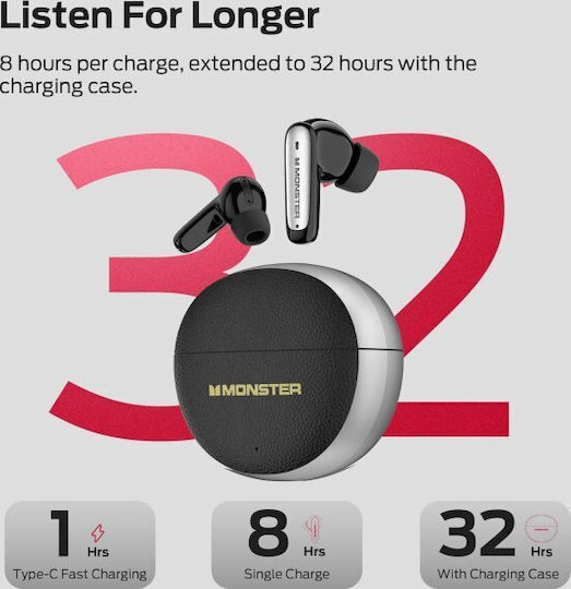 Monster N-Lite 310 In-ear Bluetooth Handsfree Ακουστικά με Αντοχή στον Ιδρώτα και Θήκη Φόρτισης Μαύρα