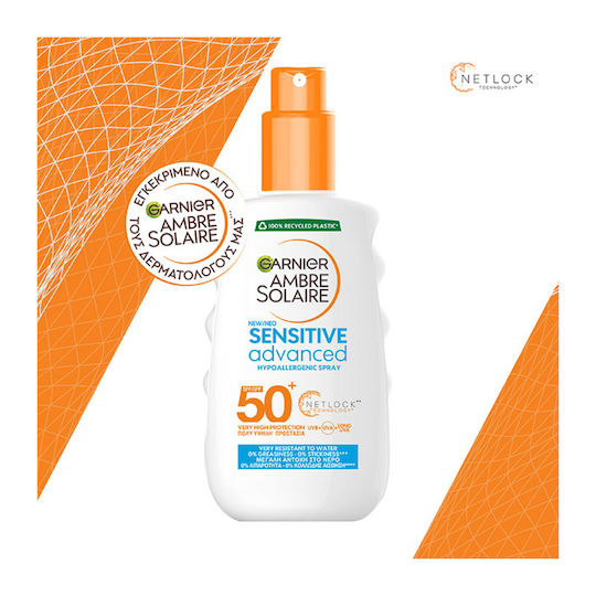 Garnier Ambre Solaire Sensitive Advanced Netlock Водоустойчив Слънцезащитен Крем За Тяло SPF50 Спрей 200мл