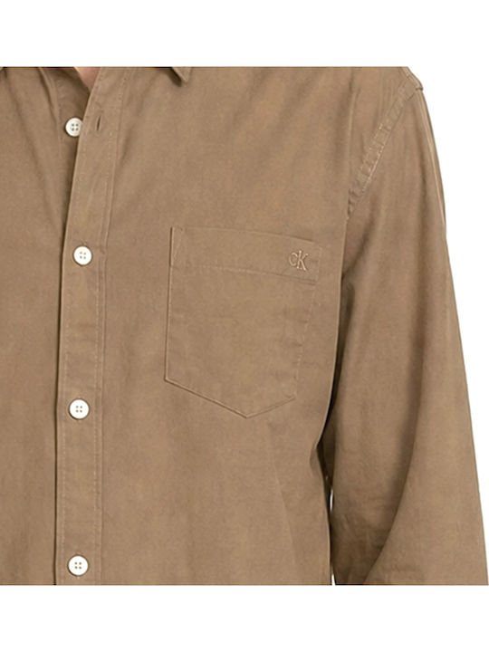 Poplin Long Sleeve Cotton Shirt in Regular Fit Brown