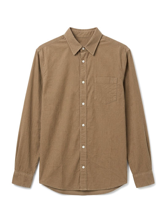 Poplin Long Sleeve Cotton Shirt in Regular Fit Brown