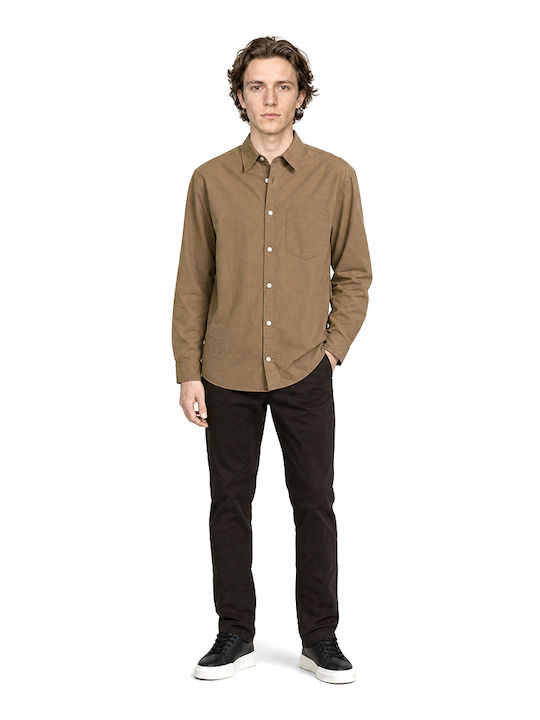 Poplin Long Sleeve Cotton Shirt in Regular Fit Brown