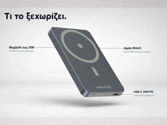 Swissten Fusion MagSafe Power Bank 5000mAh 20W με Θύρα USB-C Ασημί