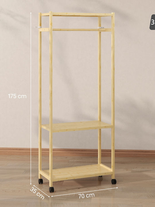HomCom Rolling Floor Garment Rack Bamboo Beige 70x35x175cm