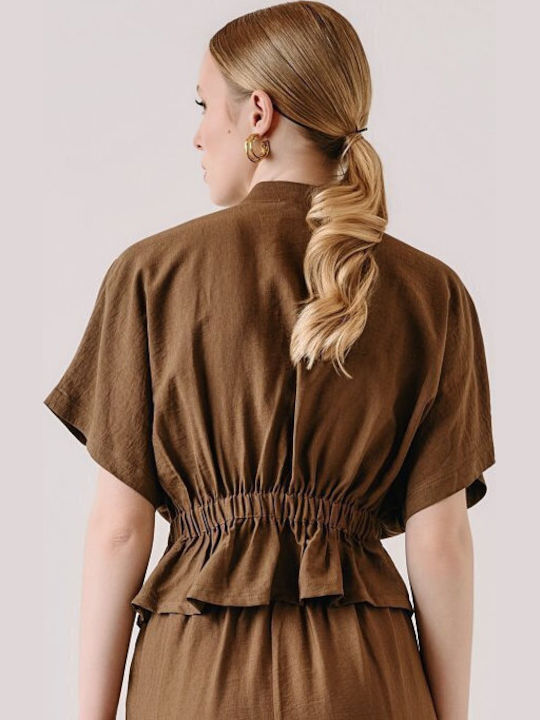 Women's Brown Set with High Rise Trousers with Rubber Band in Loose Fit