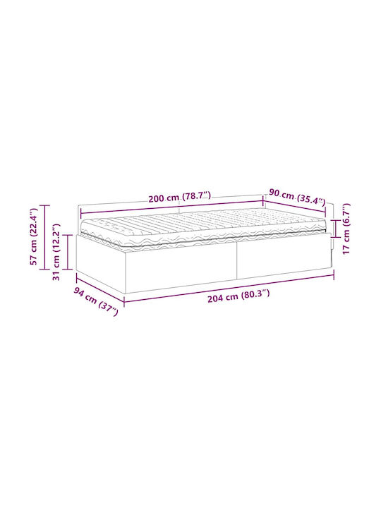 Pat Montat Pe Perete Single Tapițat Cu Material Maro Cu Plăci Și Saltea 90x200cm