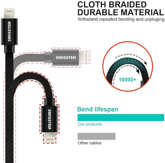 Swissten Плетена USB-C към Lightning кабел Черен 2м (71529201)