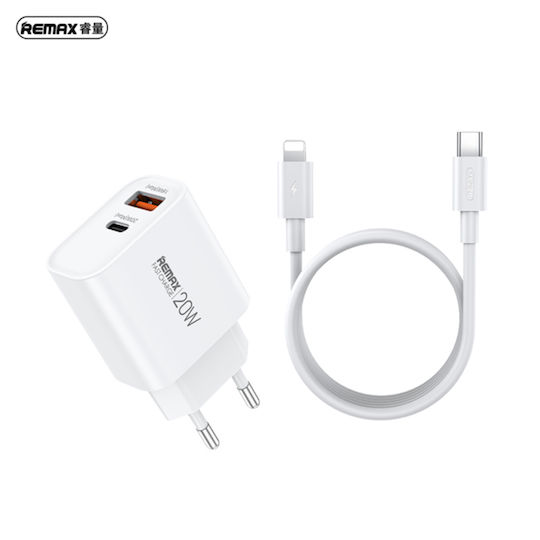 Remax Mobile Phone Charger with USB-A and USB-C Output Ports and USB-C - Lightning Cable 20W White