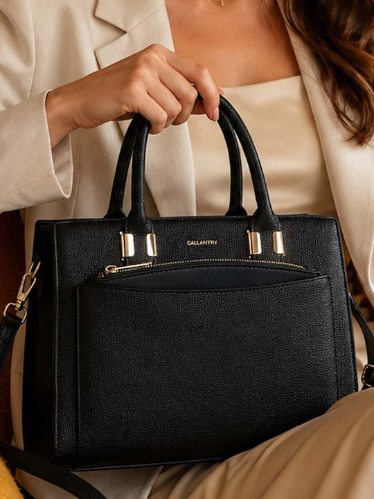 Gallantry Structured Handbag Women Front Zipped Pocket Shoulder Strap Black