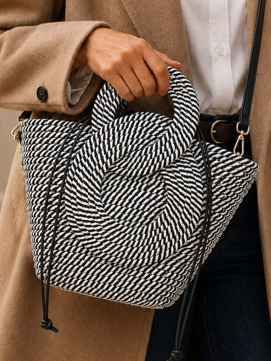 Gallantry Woven Cabas Handbag Boho Style Sculpted Handles Shoulder Strap White Black